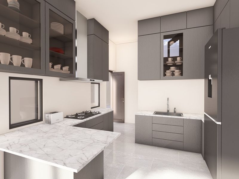 Modern kitchen featuring dark grey cabinetry, marble-look countertops, integrated gas cooktop, extractor fan, and stainless steel sink with contemporary finishes.
