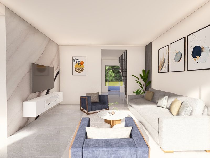 Modern living room featuring a striking marble feature wall, floating media console, and sleek tiled flooring, leading to an open staircase area.