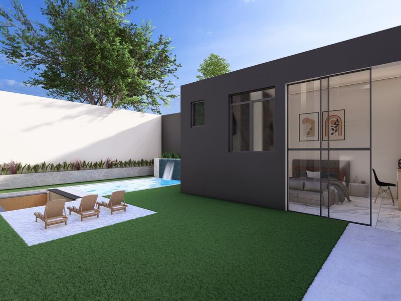 Modern rear exterior featuring a swimming pool with a water feature, a paved patio area, and large sliding glass doors leading into the home.