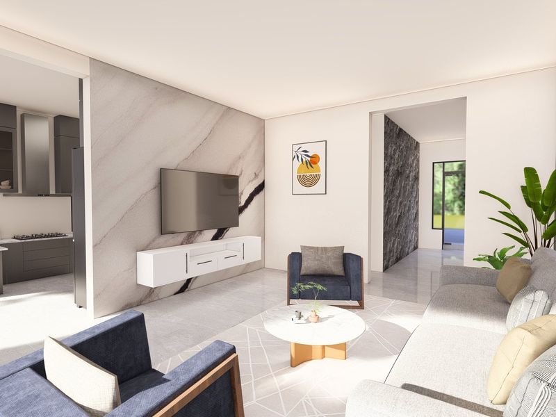 Modern open-plan living area featuring a striking marble-look feature wall, floating media console, and a sleek, contemporary kitchen with integrated appliances.