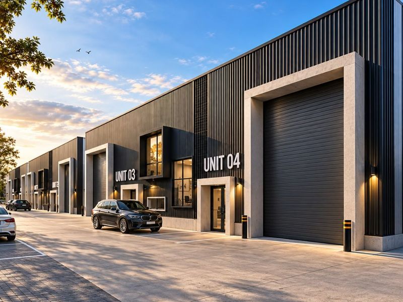 Modern industrial complex featuring corrugated metal cladding, concrete framing, roller shutter doors, and paved driveway access for multiple units.