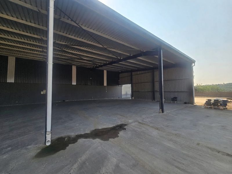 Spacious industrial warehouse area featuring high-clearance corrugated metal roofing, steel support columns, and durable concrete flooring, suitable for storage or manufacturing operations.