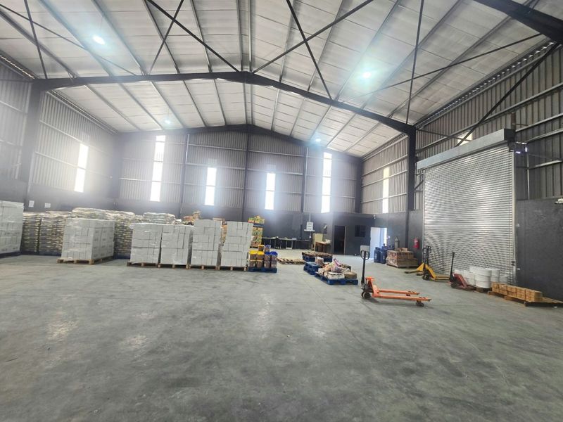 Spacious industrial warehouse featuring a high-clearance steel portal frame, concrete flooring, and a large roller shutter door for efficient logistics and storage operations.