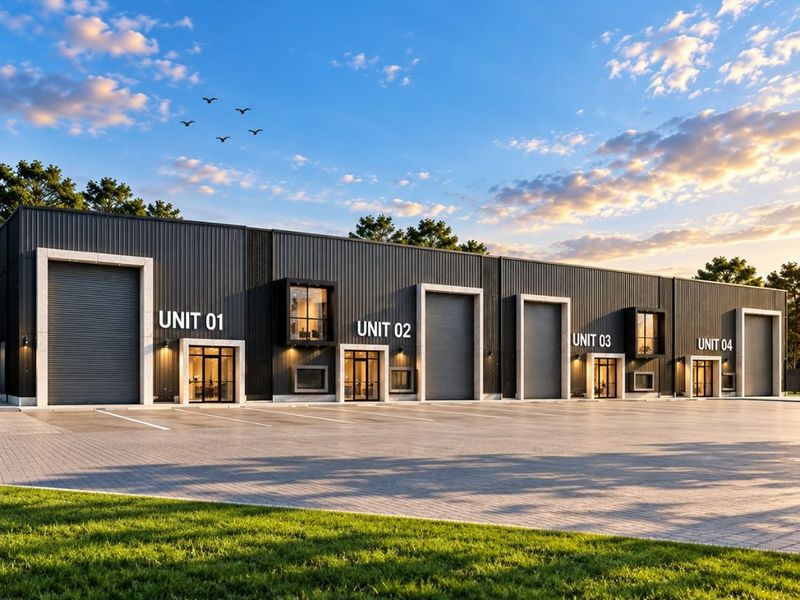 Modern industrial complex featuring four distinct units with roller shutter doors, glass entrances, and a spacious paved parking area.