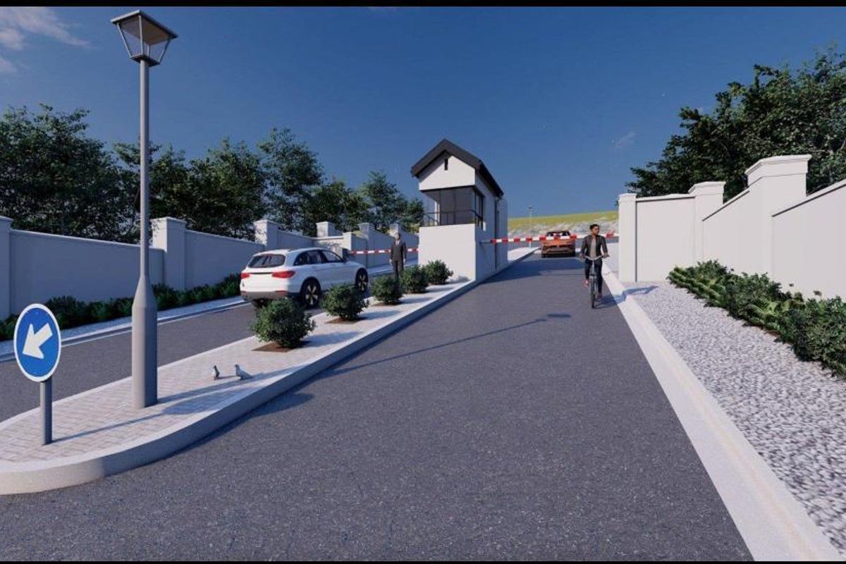 A digital rendering of a residential estate entrance featuring a security gatehouse, boom gate, perimeter walling, and paved access road.