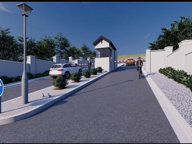 A digital rendering of a residential estate entrance featuring a security gatehouse, boom gate, perimeter walling, and paved access road.