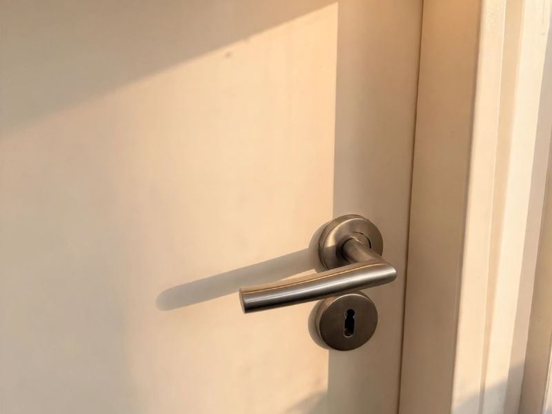 A close-up view of a modern interior door featuring a brushed metal handle and a recessed ceiling downlight above.