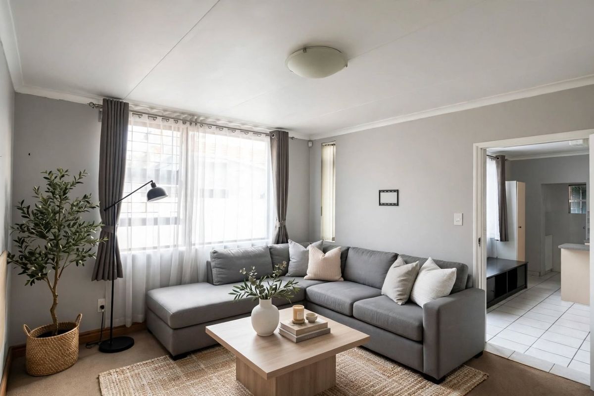 A well-lit living room featuring neutral wall tones, coving, and a large window, providing a comfortable and inviting space with access to adjacent rooms.