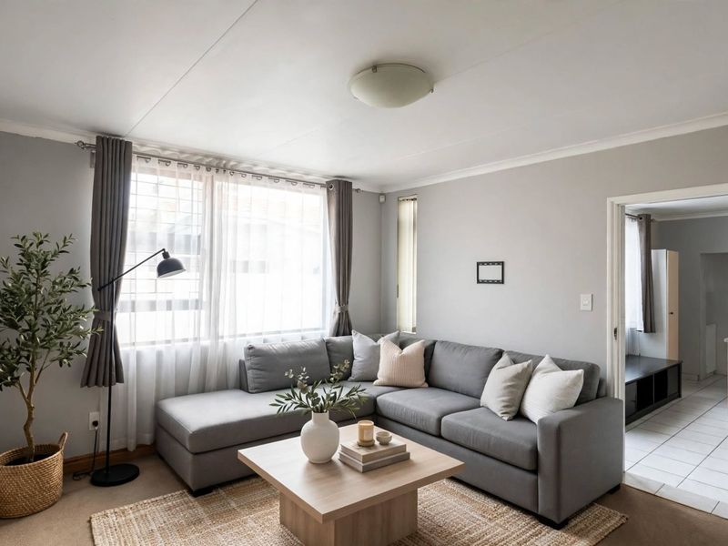 A well-lit living room featuring neutral wall tones, coving, and a large window, providing a comfortable and inviting space with access to adjacent rooms.