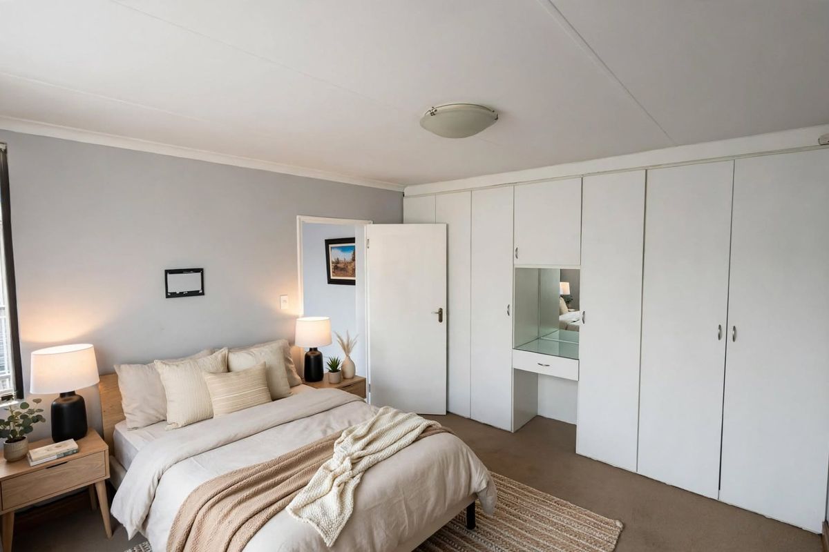 A well-lit bedroom featuring extensive built-in cupboards with an integrated vanity unit and neutral wall finishes.