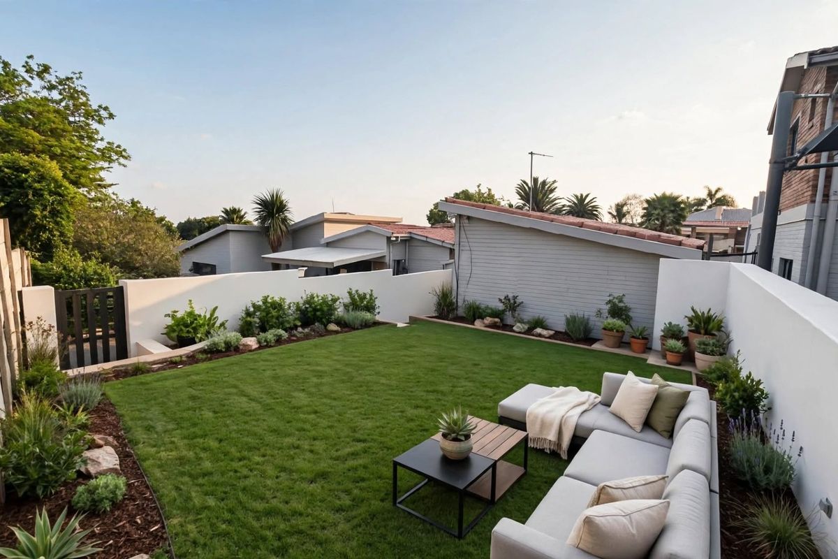 A well-maintained private rear garden featuring a manicured lawn, landscaped garden beds, and secure boundary walls.