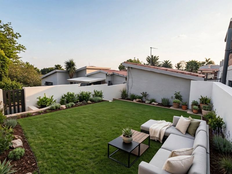 A well-maintained private rear garden featuring a manicured lawn, landscaped garden beds, and secure boundary walls.