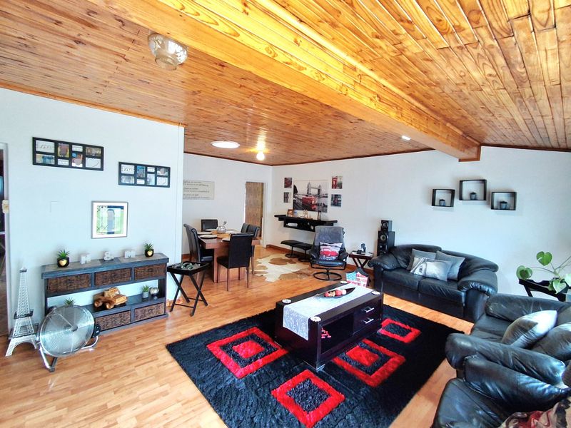 Spacious open-plan living and dining area featuring warm timber ceilings, laminate flooring, and a skylight, creating a comfortable and inviting atmosphere.