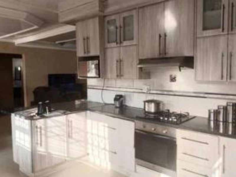 Modern kitchen featuring light wood-grain cabinetry, stainless steel gas hob, built-in oven, extractor fan, and tiled backsplash with ample counter space.