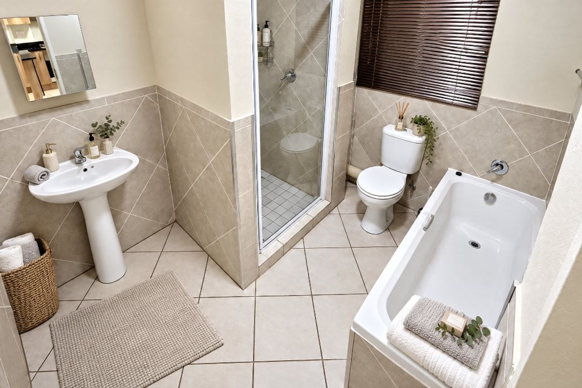 A well-maintained bathroom featuring a pedestal basin, a separate shower enclosure, a standard toilet, and a bathtub with neutral tiled finishes.