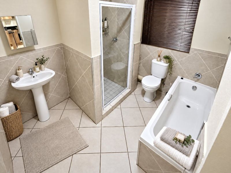 A well-maintained bathroom featuring a pedestal basin, a separate shower enclosure, a standard toilet, and a bathtub with neutral tiled finishes.