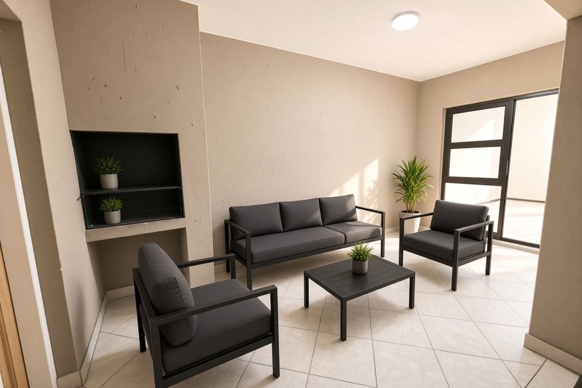 A covered patio area featuring a built-in fireplace, neutral tiled flooring, and access to the exterior through a modern aluminium framed glass door.