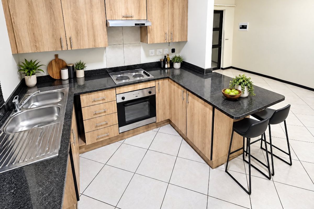 Modern kitchen featuring light wood-finish cabinetry, dark granite countertops, stainless steel appliances, and neutral ceramic floor tiles in an open-plan layout.