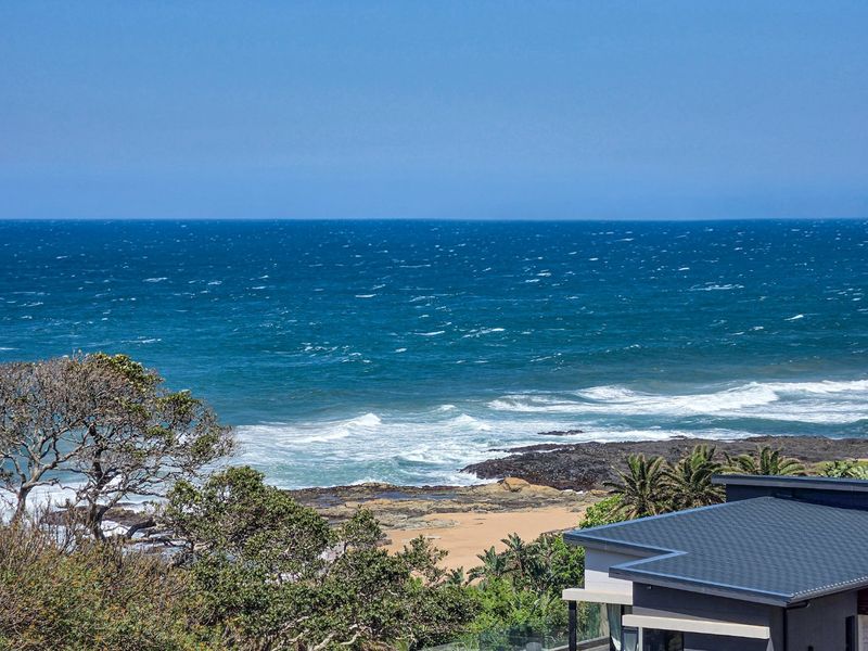 A scenic elevated view overlooking the ocean, coastline, and natural vegetation.