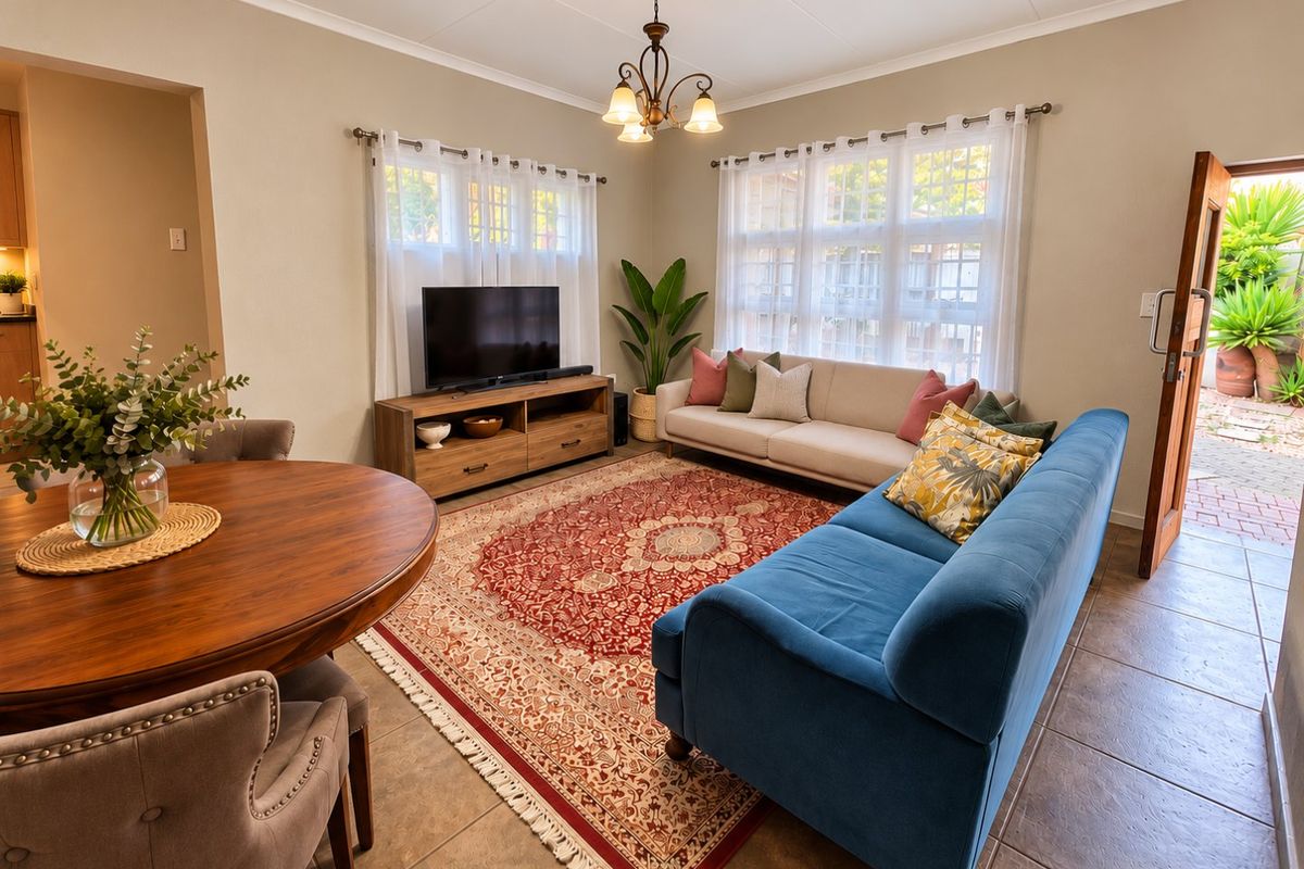 An open-plan living and dining area featuring tiled flooring, coved ceilings, and a classic chandelier, with direct access to an outdoor patio area.