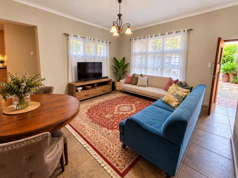 An open-plan living and dining area featuring tiled flooring, coved ceilings, and a classic chandelier, with direct access to an outdoor patio area.