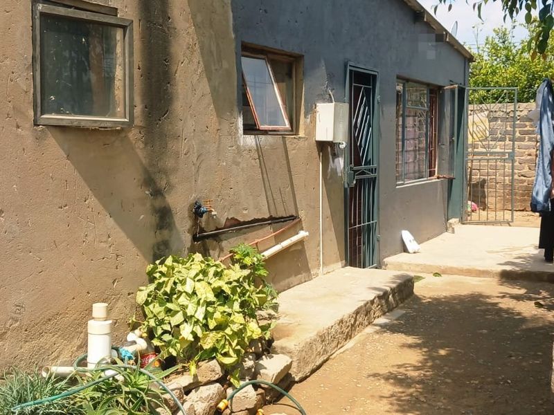 Rear exterior view of the property showing a concrete pathway, security gate, and external wall finishes requiring maintenance and repair.