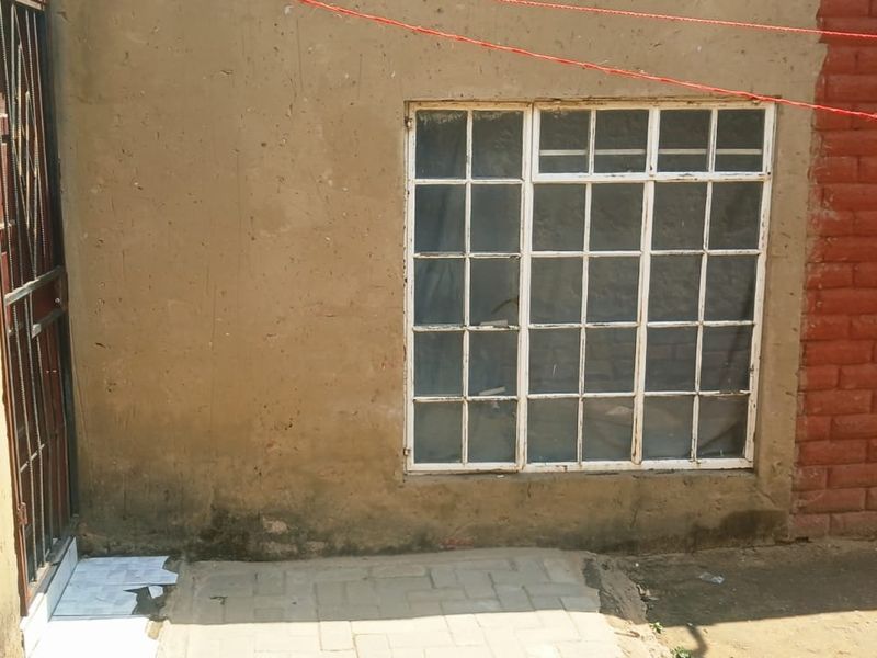 Exterior view of the rear building facade featuring grid-pattern windows, a security gate, and paved ground area with visible signs of wear.