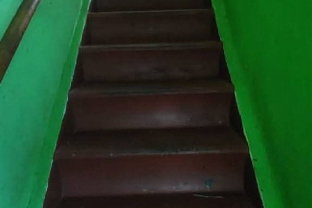 A narrow interior staircase featuring a wooden handrail and painted steps, providing access between levels.