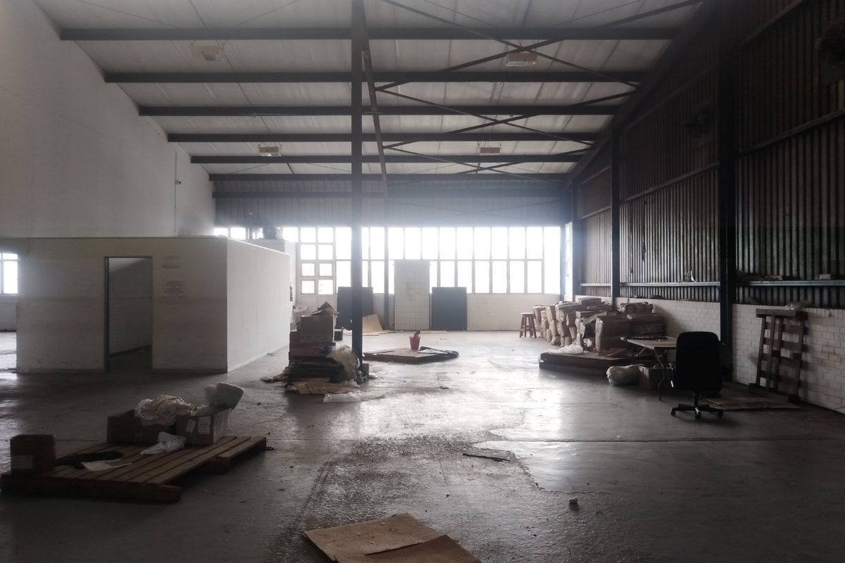 Spacious industrial warehouse featuring exposed steel roof trusses, concrete flooring, and large windows providing ample natural light, suitable for various commercial or storage uses.