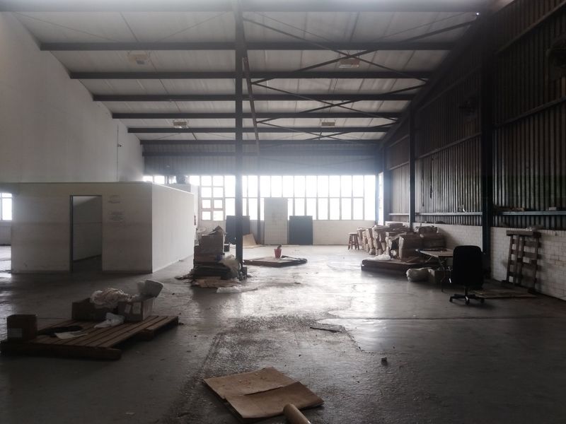 Spacious industrial warehouse featuring exposed steel roof trusses, concrete flooring, and large windows providing ample natural light, suitable for various commercial or storage uses.
