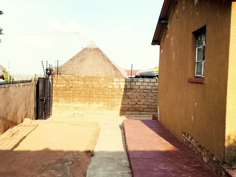 A view of the rear exterior area featuring a concrete pathway, perimeter wall with electric fencing, and a metal gate.
