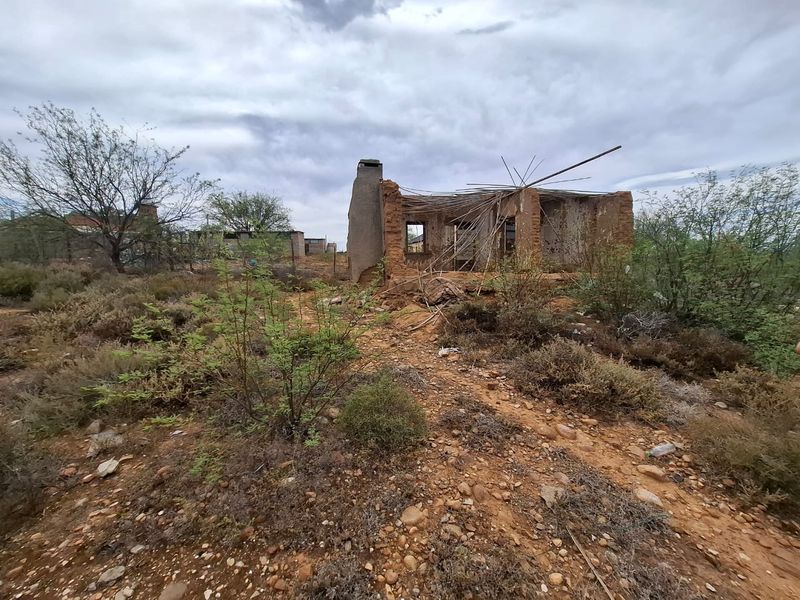 A view of a dilapidated, partially collapsed brick structure situated on a vacant residential plot with overgrown vegetation.