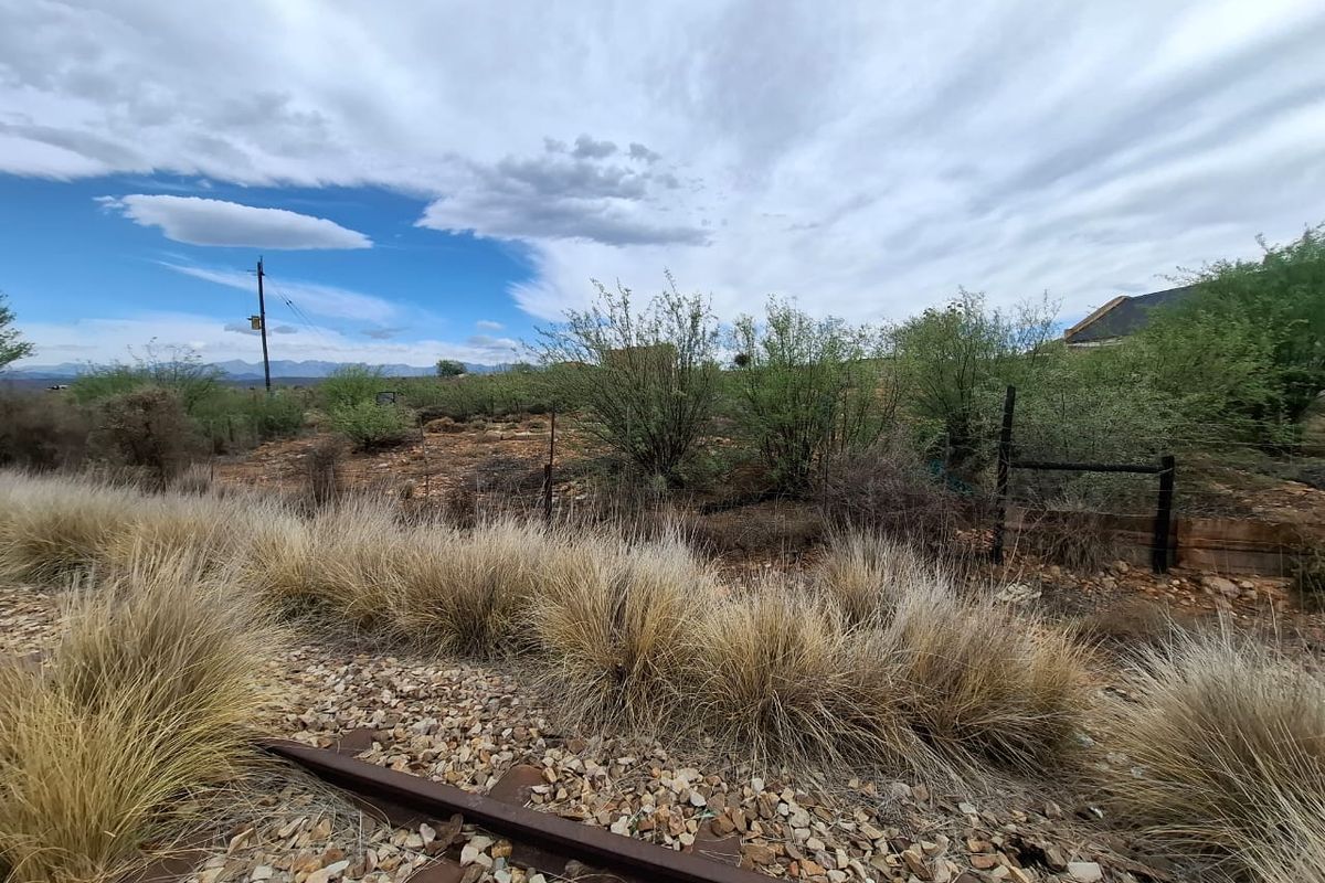 A view of the vacant residential land featuring native desert vegetation, a utility pole, and adjacent railway tracks under a cloudy sky.
