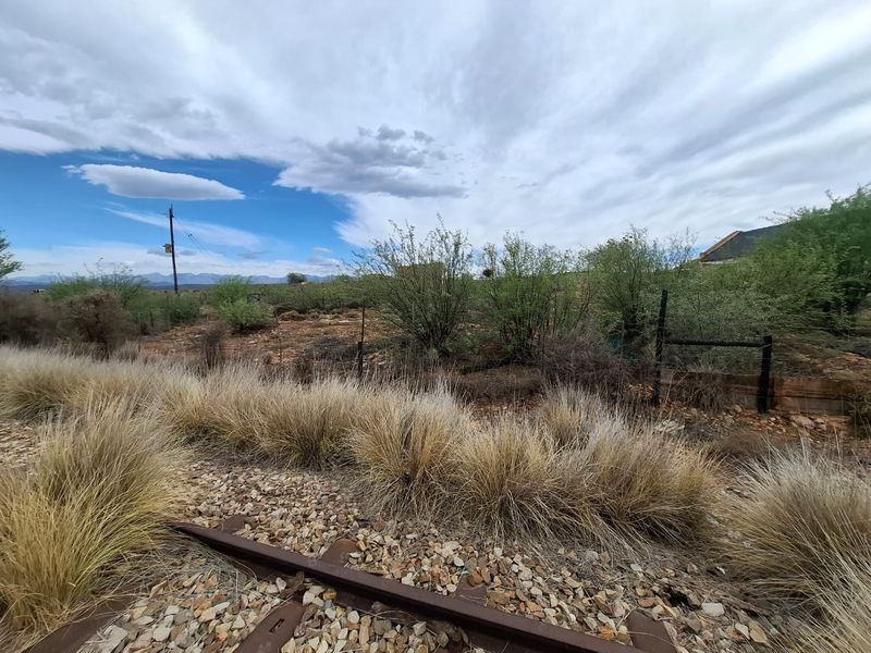 A view of the vacant residential land featuring native desert vegetation, a utility pole, and adjacent railway tracks under a cloudy sky.