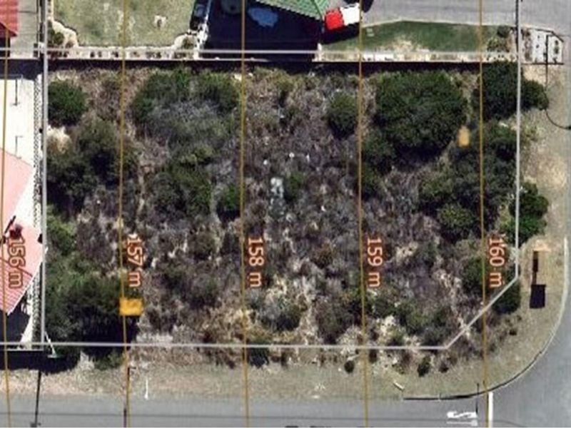 An aerial view of a vacant residential plot featuring natural vegetation and marked boundary lines.