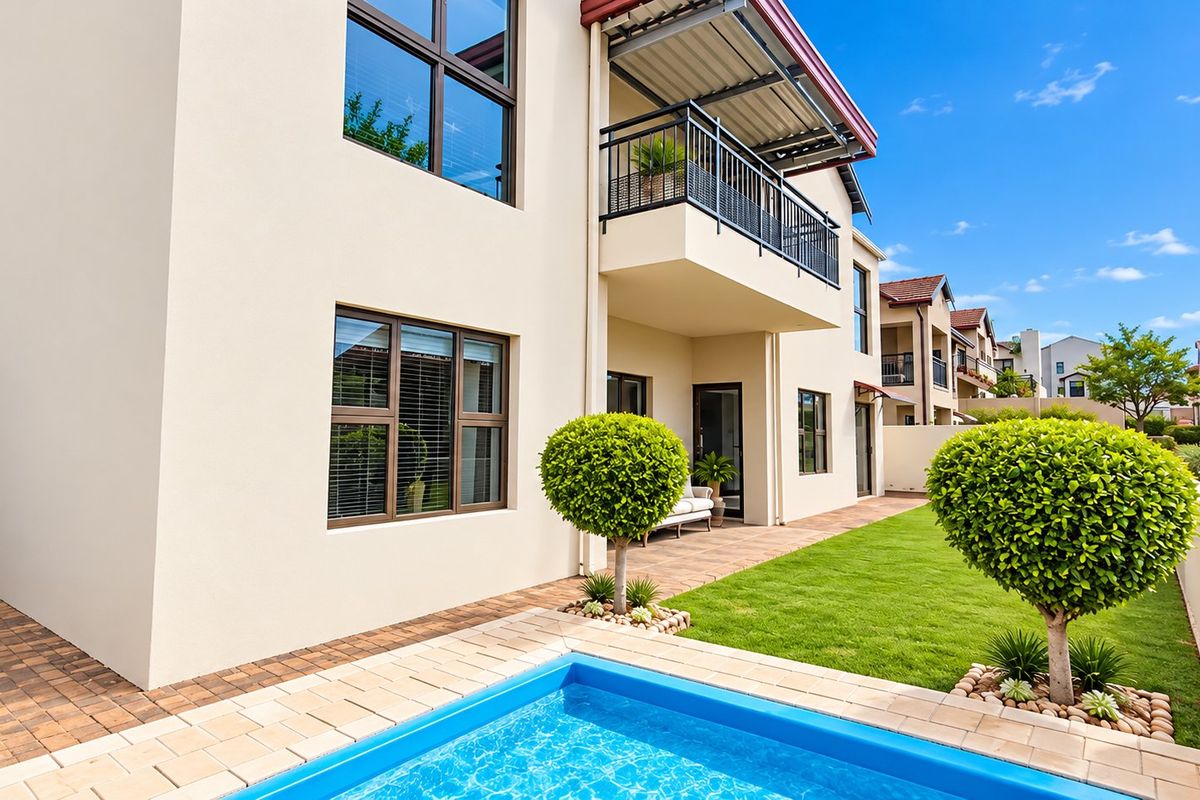 Rear view of the property featuring a private swimming pool, paved patio area, landscaped garden, and an upper-level balcony with metal railings.