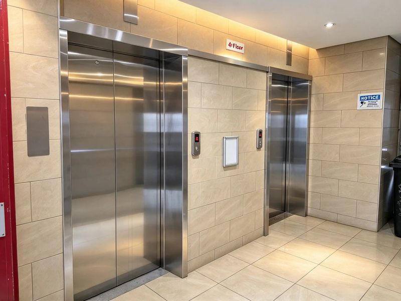 A clean and modern apartment building elevator lobby featuring stainless steel lift doors and neutral tiled wall and floor finishes.