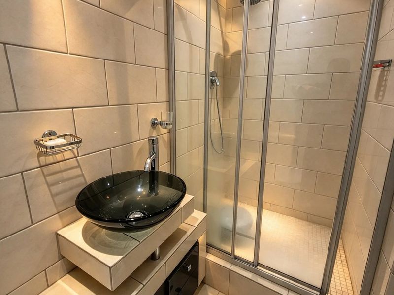 Modern bathroom featuring a sleek black vessel sink, vanity cabinet, and a glass-enclosed shower with neutral wall tiling and recessed lighting.