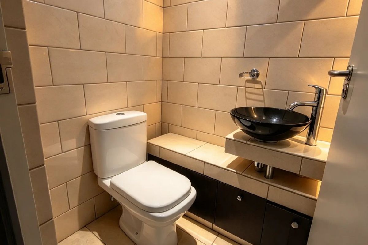 A compact guest bathroom featuring tiled walls and flooring, a modern vessel sink, and a built-in vanity cabinet.
