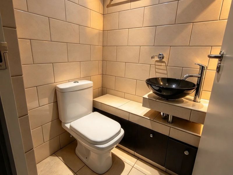 A compact guest bathroom featuring tiled walls and flooring, a modern vessel sink, and a built-in vanity cabinet.