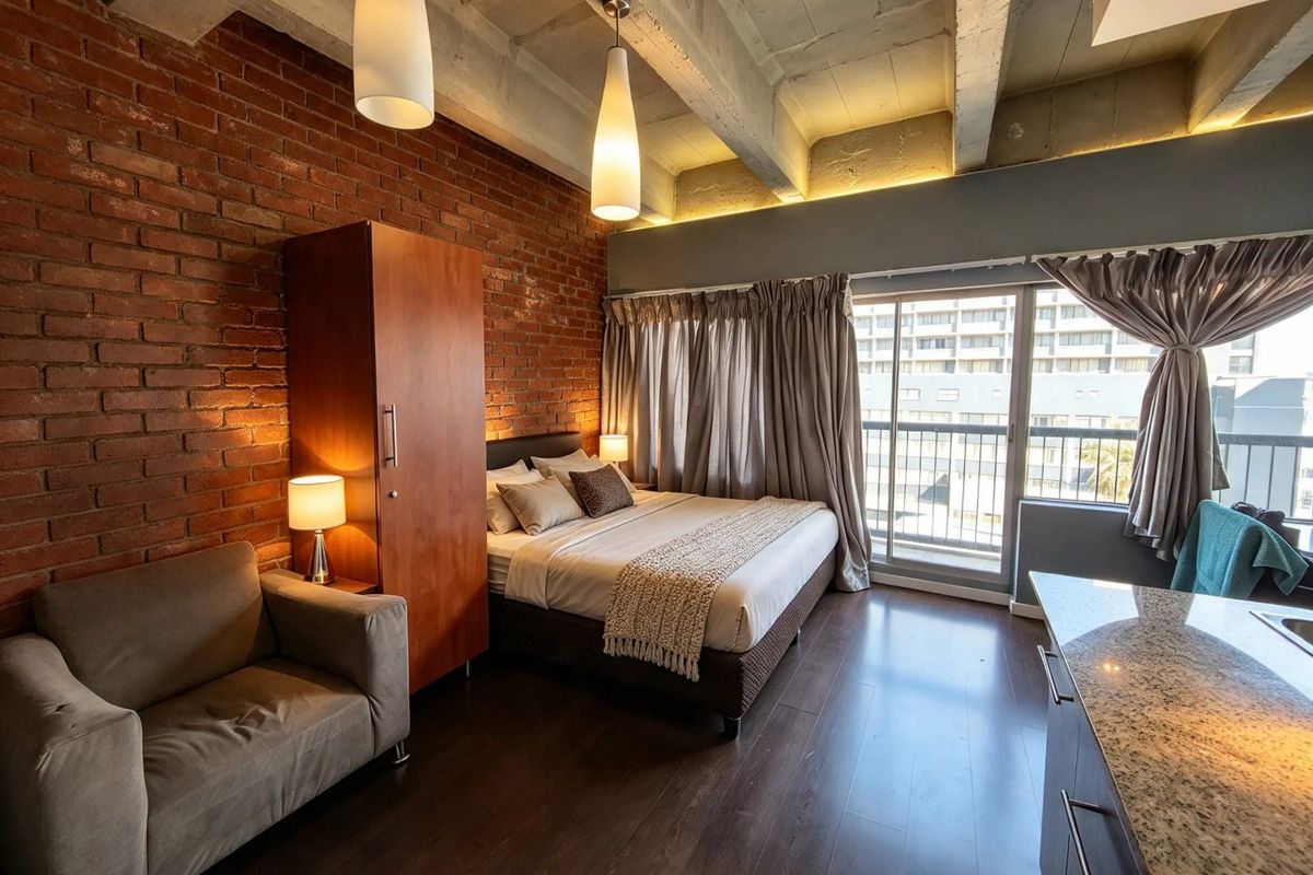 A modern bedroom featuring an exposed brick wall, concrete ceiling beams, and direct access to a private balcony through sliding glass doors.