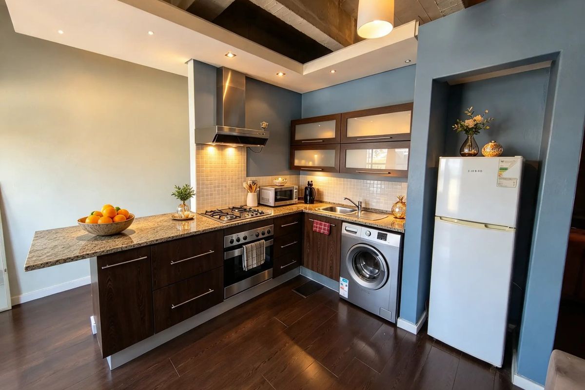 Modern kitchen featuring dark wood cabinetry, granite countertops, built-in oven, gas hob, and integrated washing machine under an exposed concrete ceiling.