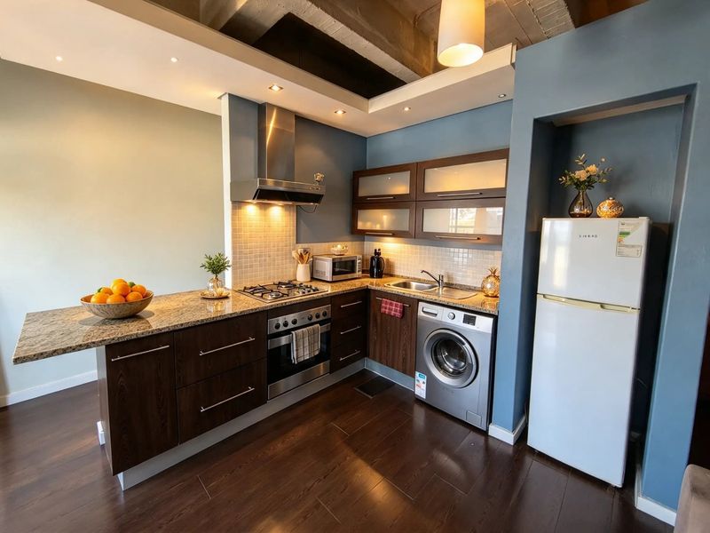 Modern kitchen featuring dark wood cabinetry, granite countertops, built-in oven, gas hob, and integrated washing machine under an exposed concrete ceiling.