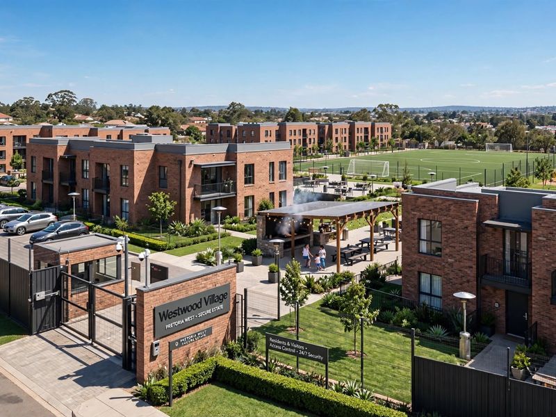 Aerial view of Westwood Village secure estate, featuring modern brick residential buildings, landscaped grounds, a communal braai area, and a sports field.