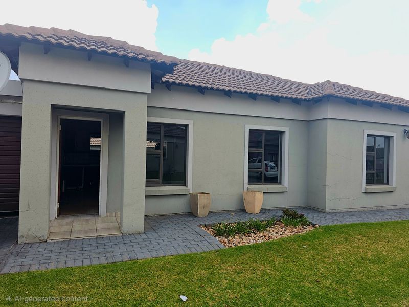 Front elevation of a single-story house featuring a tiled roof, paved walkway, and plastered exterior walls with aluminium window frames.