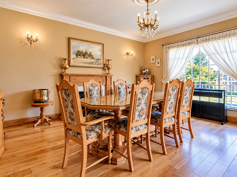 A formal dining room featuring hardwood flooring, crown molding, a fireplace mantel, and elegant lighting fixtures, creating a warm and traditional atmosphere.