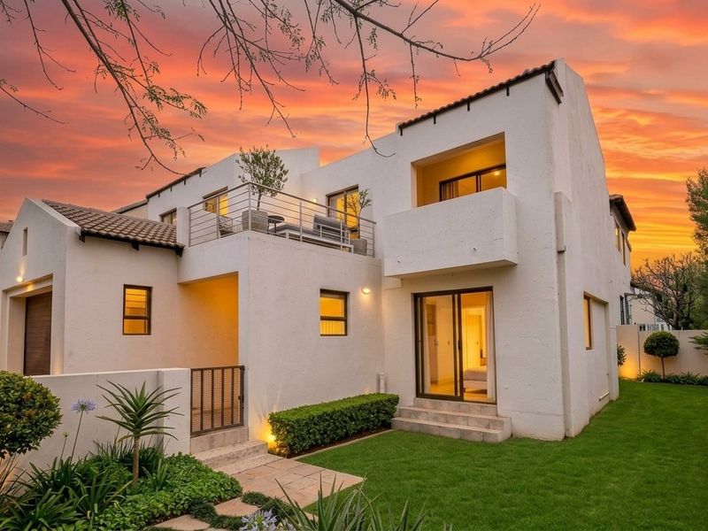 Rear view of a modern townhouse featuring a private garden, paved walkway, and an upper-level balcony with sliding door access.