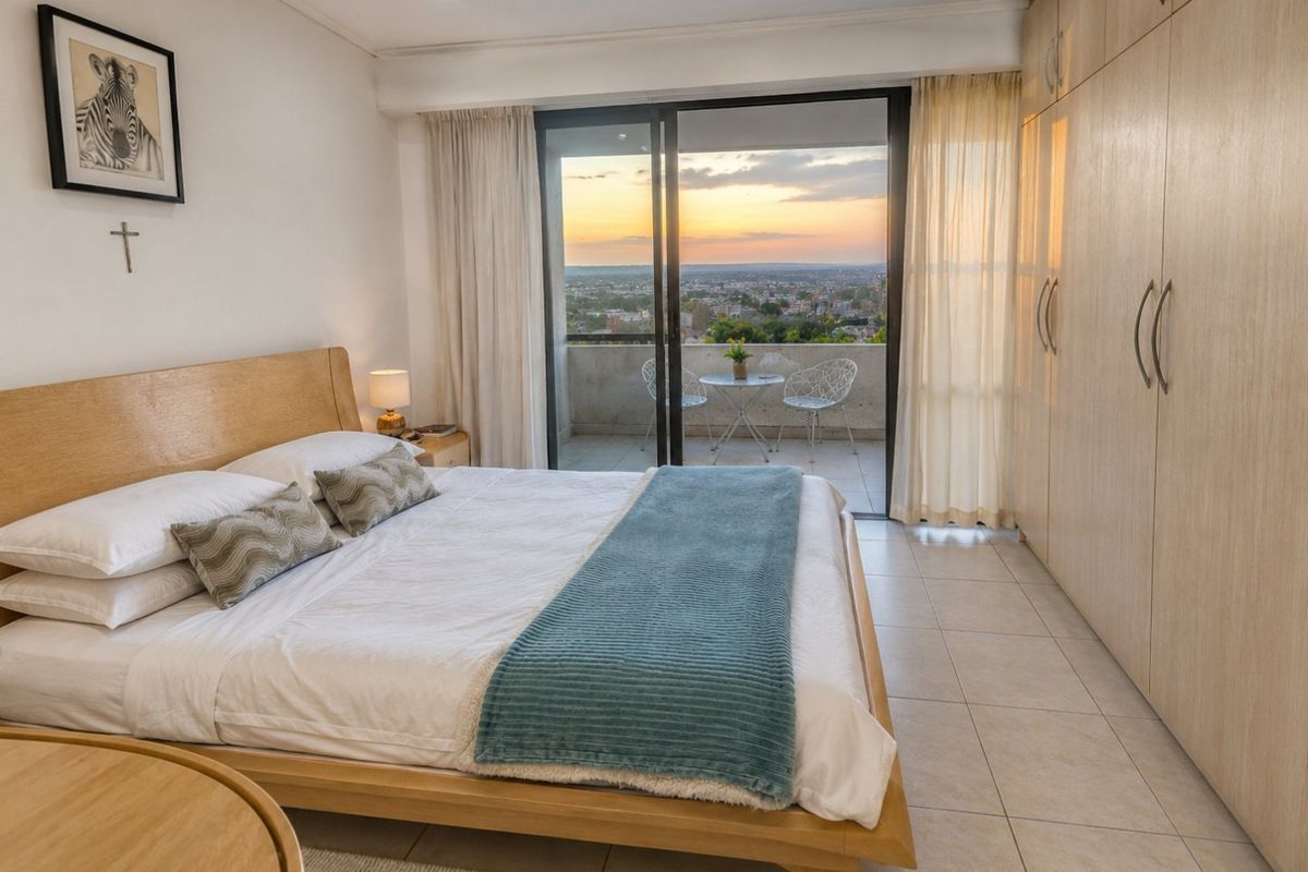 Spacious bedroom featuring built-in cupboards, tiled flooring, and a sliding glass door leading to a private balcony with scenic sunset views.