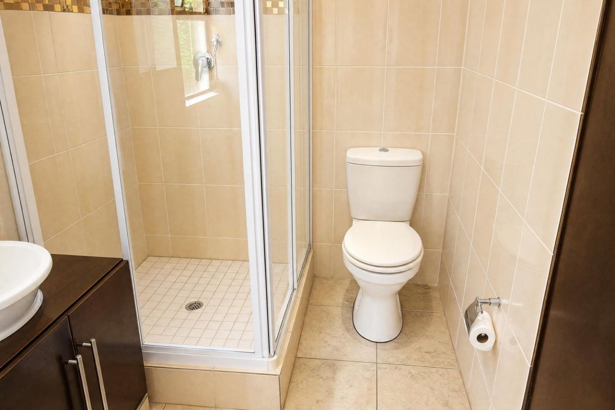 A functional bathroom featuring a shower enclosure, toilet, and vanity cabinet with a basin, finished with neutral wall and floor tiling.