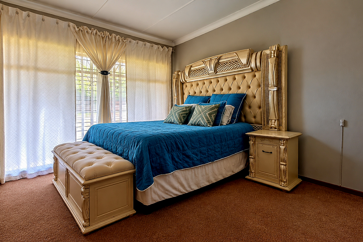 A spacious bedroom featuring carpeted flooring and a large sliding glass door with security gate, providing natural light and access to the exterior.